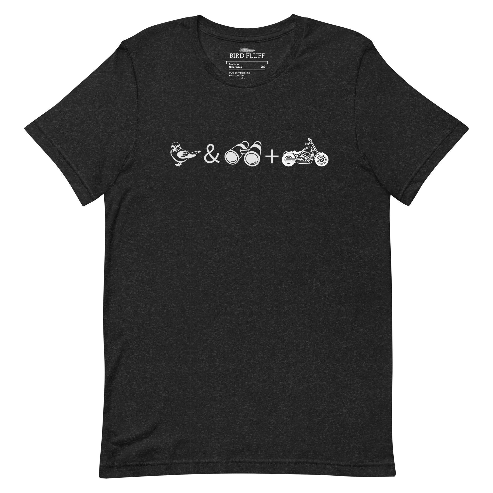 Unisex black bird t-shirt celebrating bird watching and motorcycling with a graphic of binoculars, a bird, and a motorcycle. 