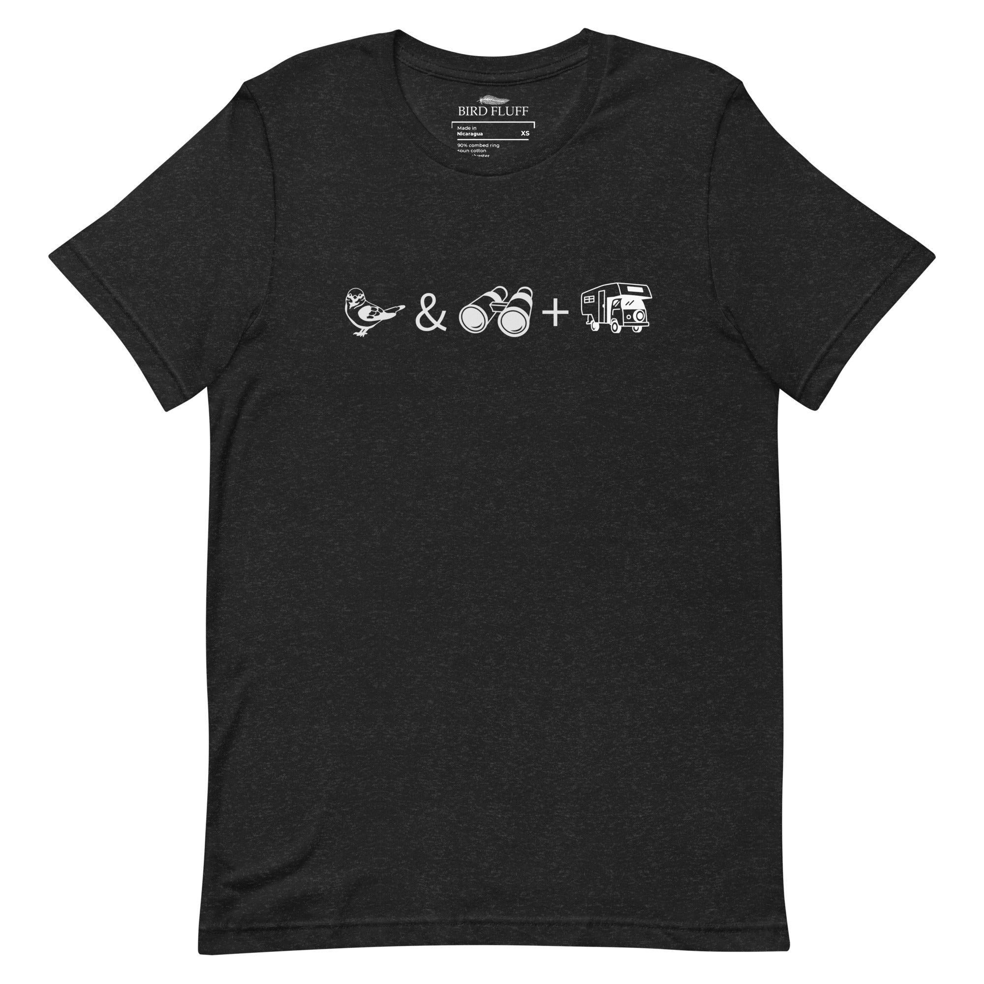 Unisex black bird t-shirt celebrating bird watching and overlanding with a graphic of binoculars, a bird, and an overlanding vehicle.