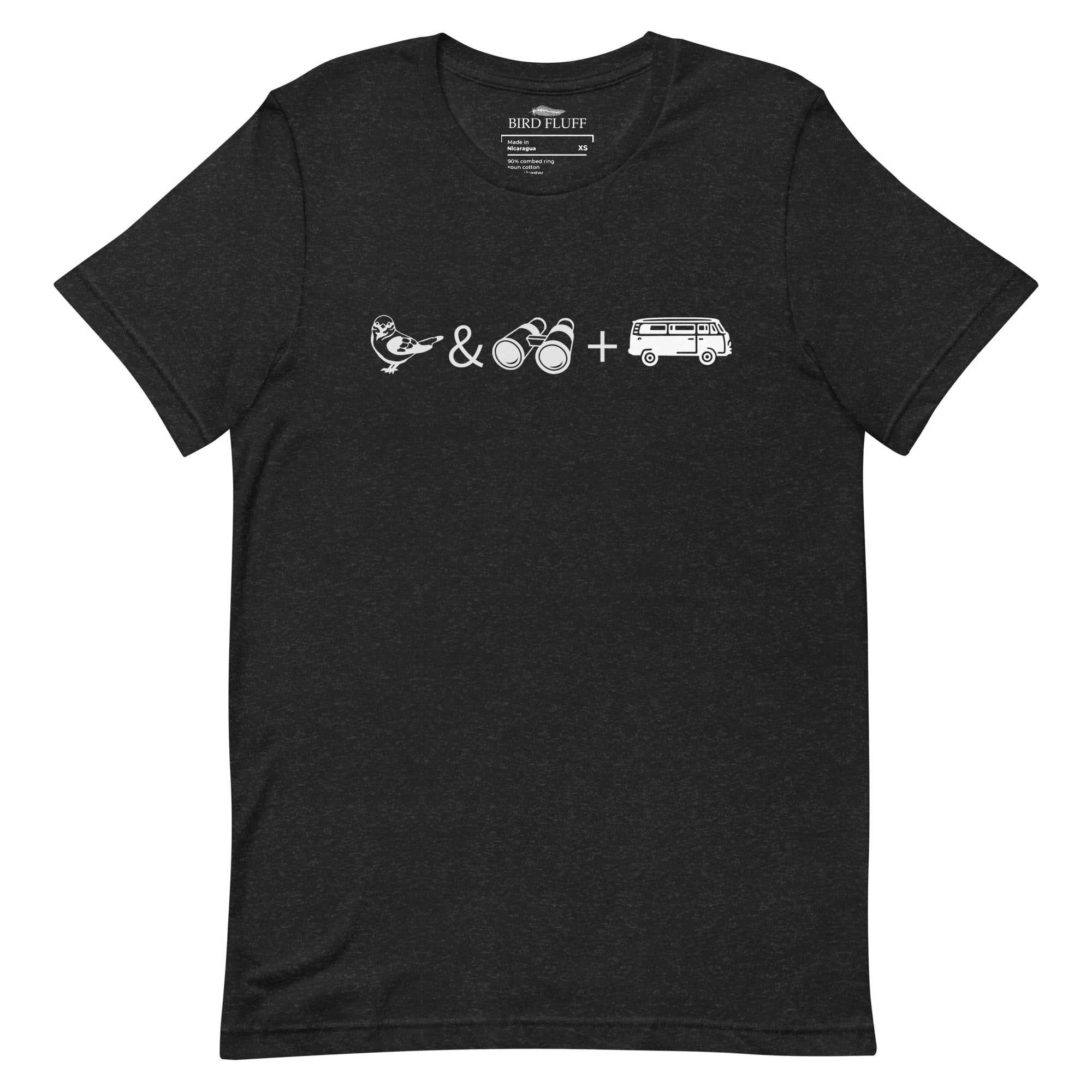 Black unisex bird t-shirt with graphics of binoculars, birds and a van.