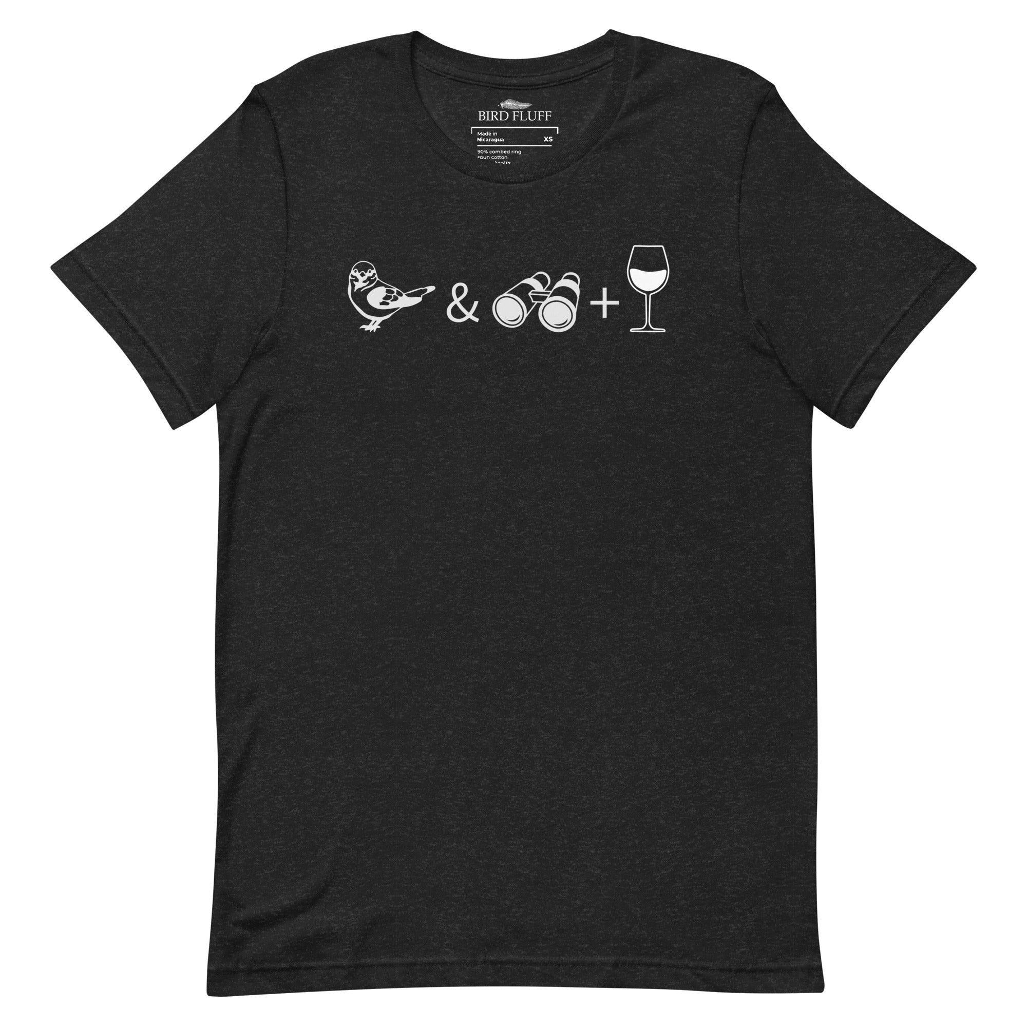 Unisex dark heather black bird t-shirt celebrating bird watching and wine drinking with a graphic of binoculars, a bird, and a glass of wine.