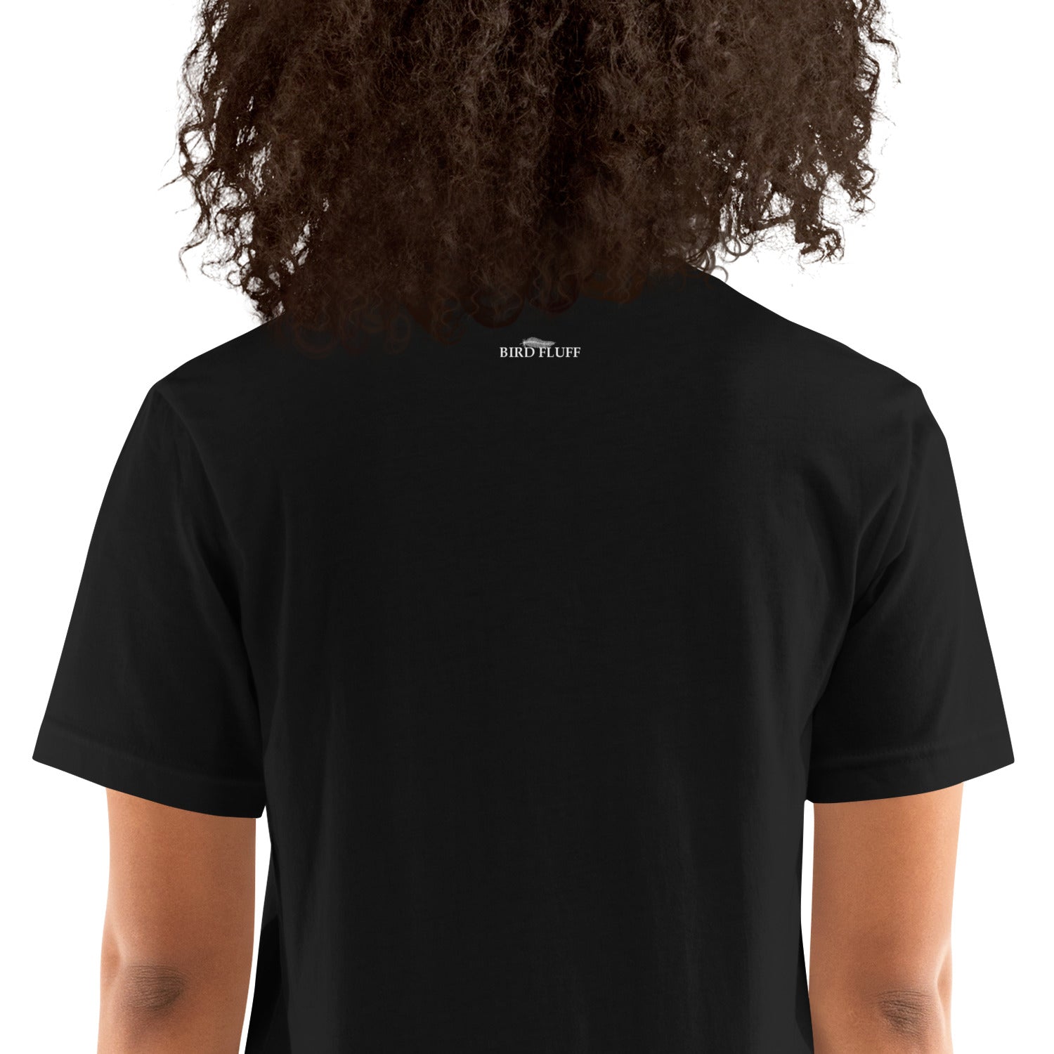 Black bird shirt with the words, "There is no need to get Cocky!" on the front with a sulfur crested cockatoo peeking in from the side. Rear view shown with small brand logo near collar.