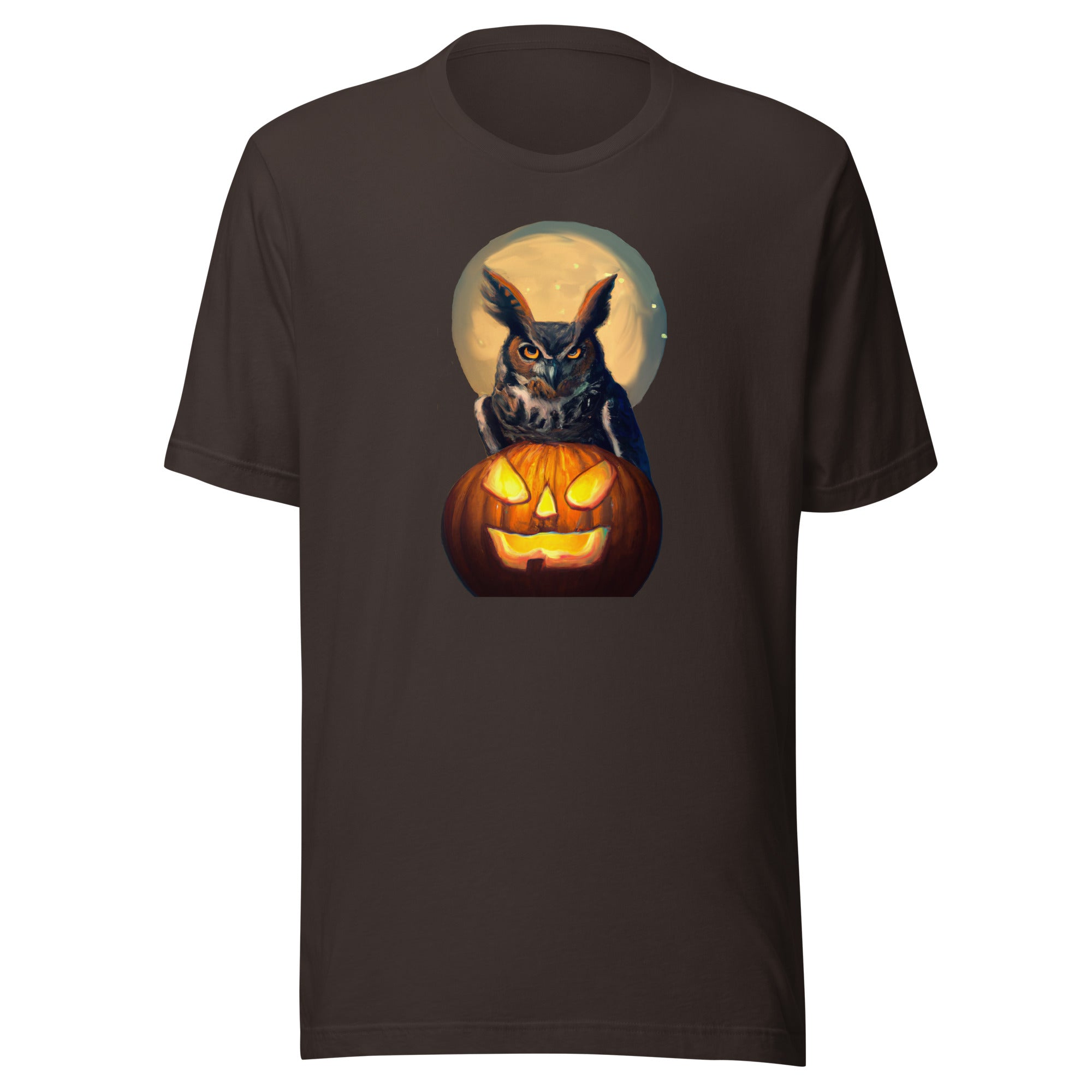 Brown bird t-shirt with a great horned owl sitting behind a jack-o-lantern with a full moon rising behind.