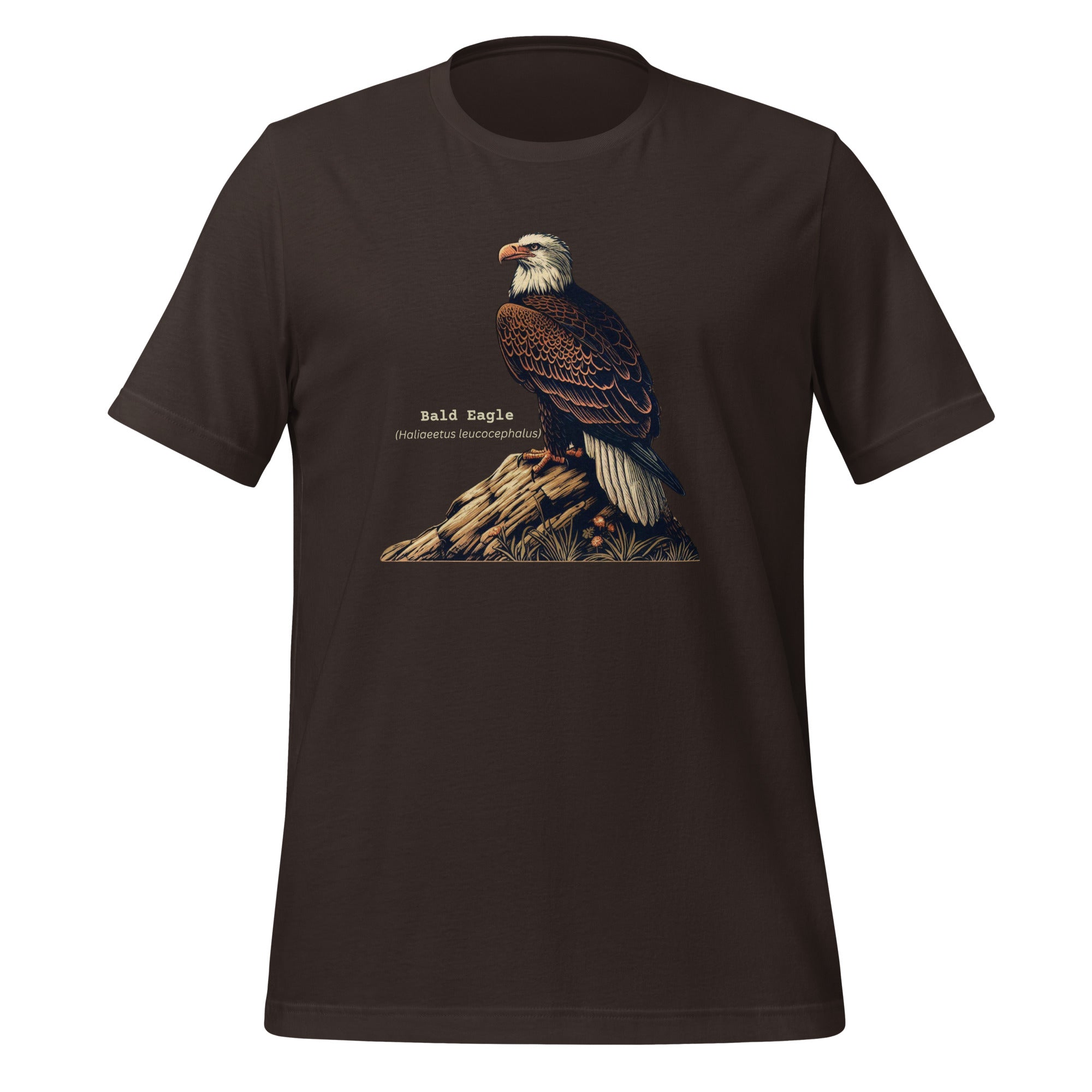 Brown bird shirt with an artistic depiction of aBald Eagle sitting on a rock and the birds common and scientific names next to the bird.