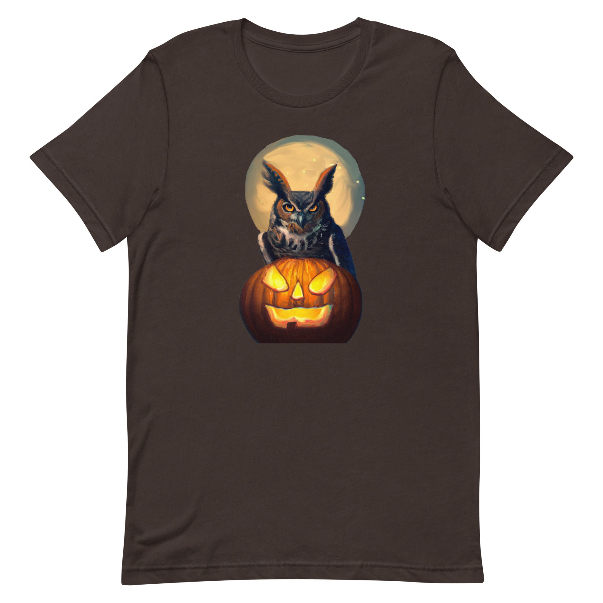 Brown bird t-shirt with a great horned owl, behind a jack-o-lantern under a full moon.