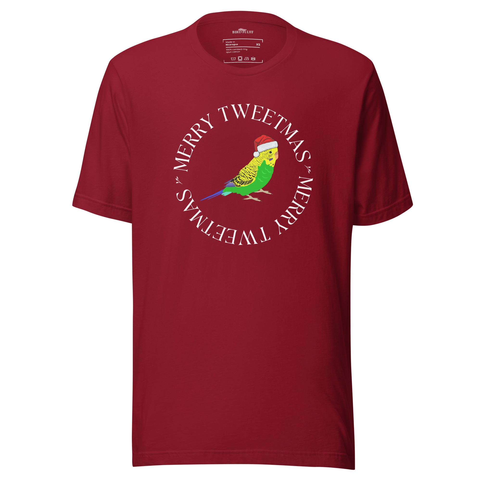 Red unisex bird t-shirt with a budgie in a santa hat surrounded by the words Merry Tweetmas, separated by to seed sprigs.