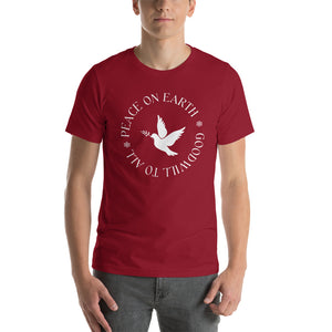 Red unisex bird t-shirt that says Peace on Earth Goodwill to All in a circle surrounding a dove of peace.