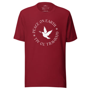 Red unisex bird t-shirt that says Peace on Earth Goodwill to All in a circle surrounding a dove of peace.