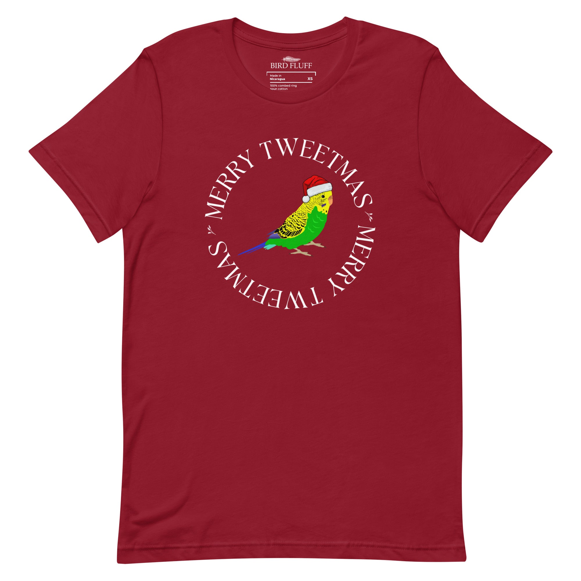 Red unisex bird t-shirt with a budgie in a santa hat surrounded by the words Merry Tweetmas, separated by to seed sprigs.