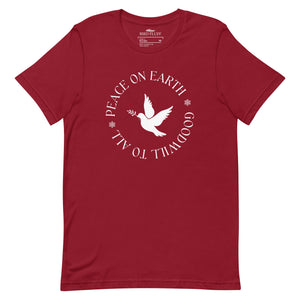 Red unisex bird t-shirt that says Peace on Earth Goodwill to All in a circle surrounding a dove of peace.