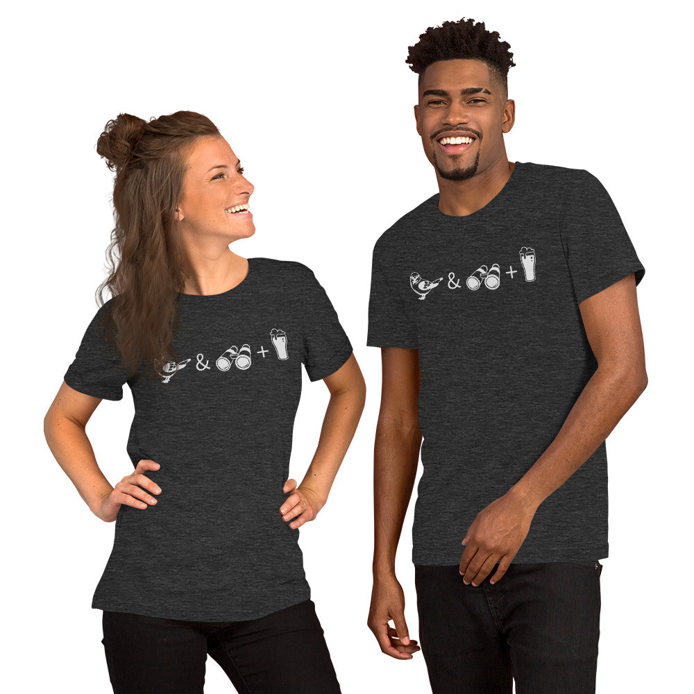 Unisex dark heather grey bird t-shirt celebrating bird watching and beer with a graphic of binoculars, a bird, and a glass of beer. Worn by a happy couple.