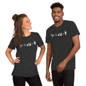 Unisex dark heather grey bird t-shirt celebrating bird watching and beer with a graphic of binoculars, a bird, and a glass of beer. Worn by a happy couple.