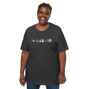 Unisex dark heather grey bird t-shirt celebrating bird watching and overlanding with a graphic of binoculars, a bird, and an overlanding vehicle. Worn by a plus size female model.