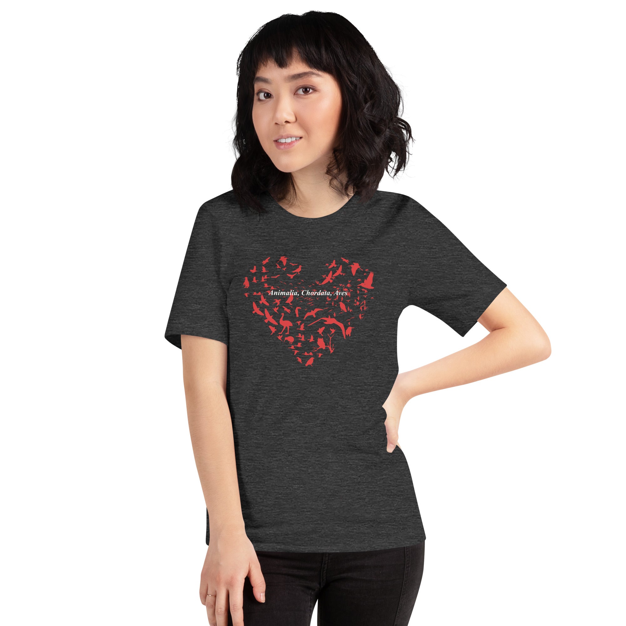 Dark heather grey unisex bird t-shirt with a bird silhouettes of many different types of birds in red and arranged so they make a heart shape, on top of that the words, "Animalia, Chordata, Aves".