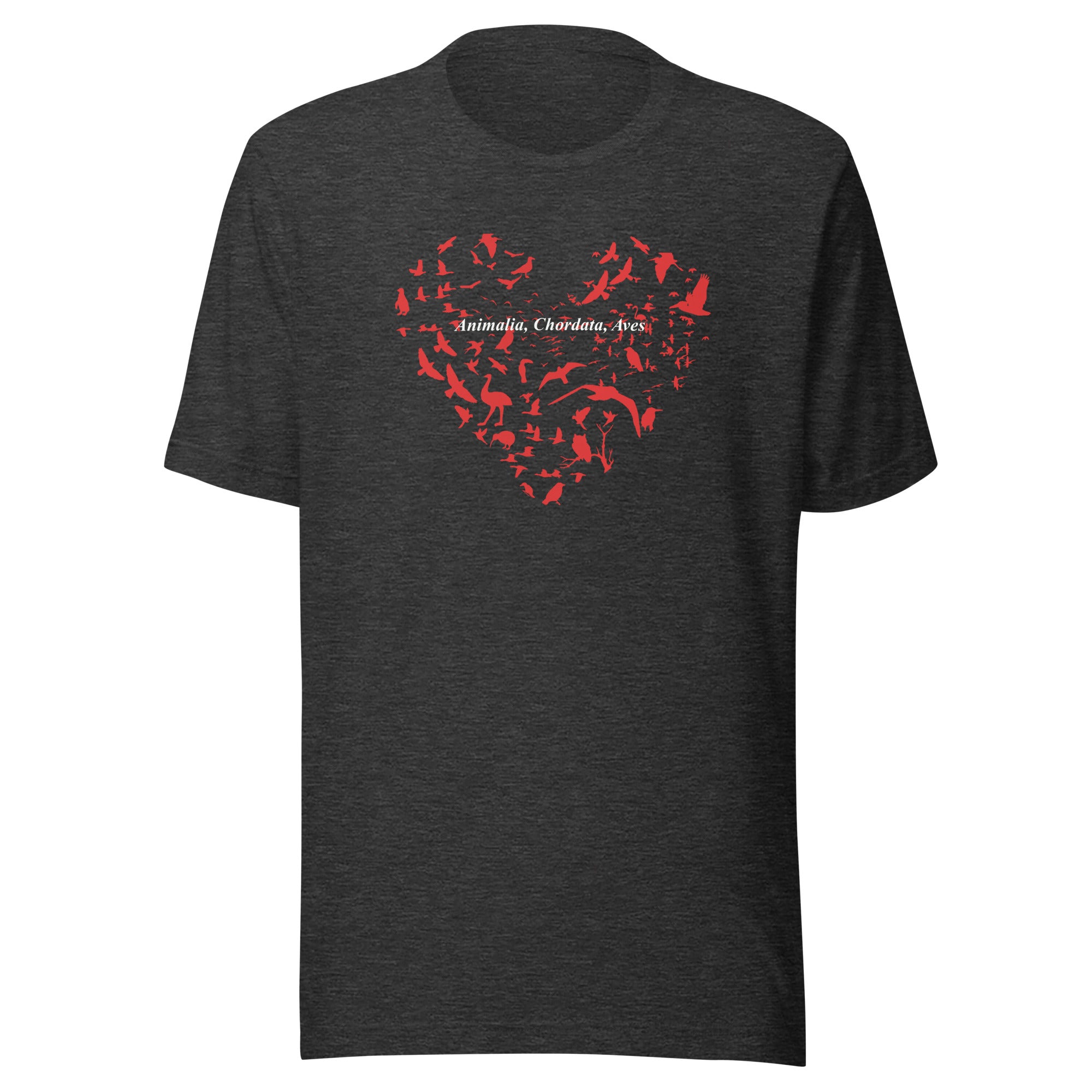 Dark heather grey unisex bird t-shirt with a bird silhouettes of many different types of birds in red and arranged so they make a heart shape, on top of that the words, "Animalia, Chordata, Aves".