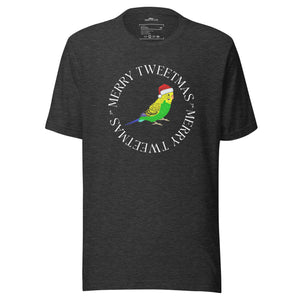 Dark heather grey unisex bird t-shirt with a budgie in a santa hat surrounded by the words Merry Tweetmas, separated by to seed sprigs.