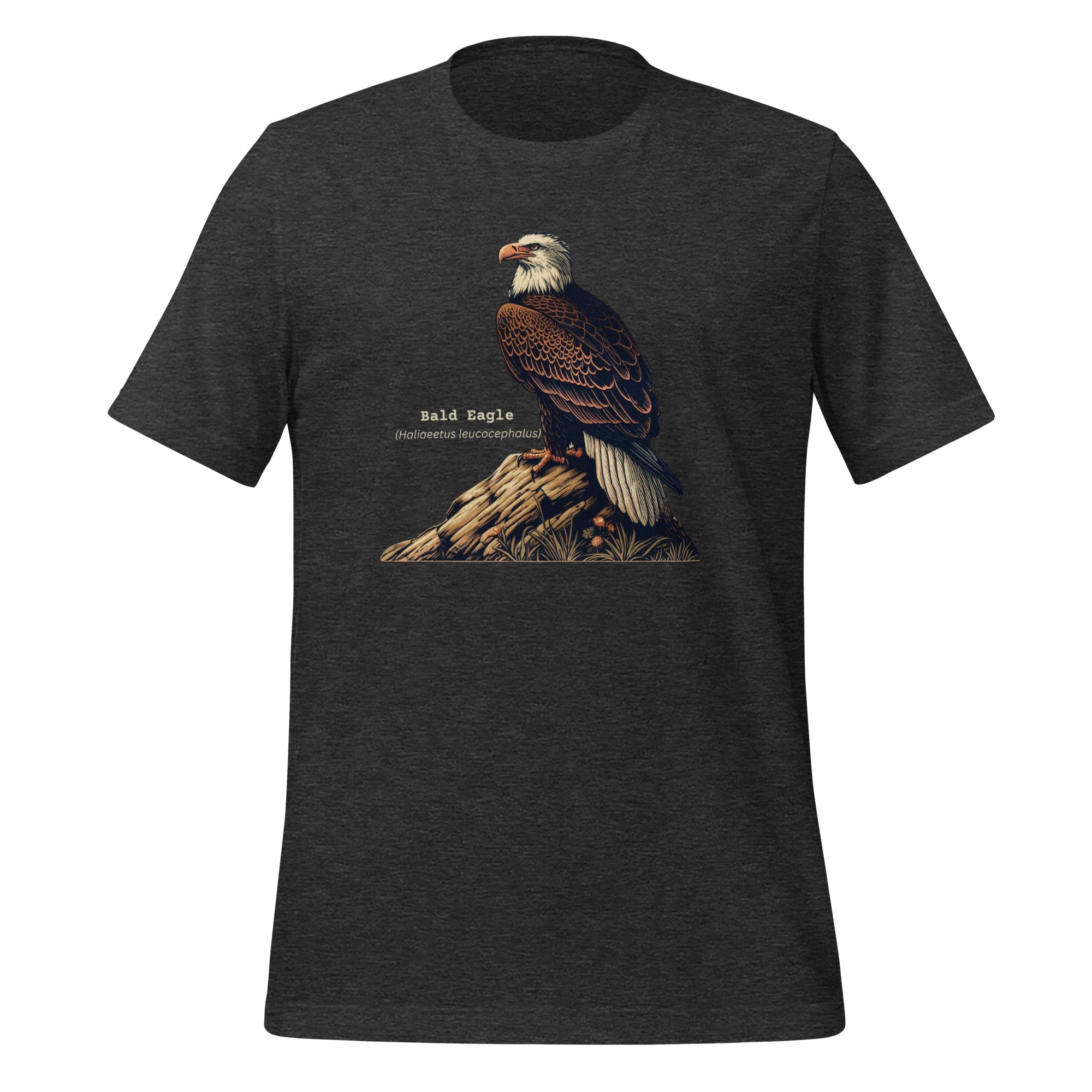 Dark heather gray bird shirt with an artistic depiction of aBald Eagle sitting on a rock and the birds common and scientific names next to the bird.