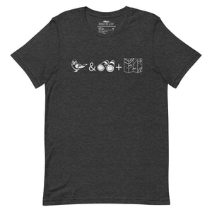 Unisex dark grey heather bird t-shirt celebrating bird watching and the backcountry with a graphic of binoculars, a bird, and a map.