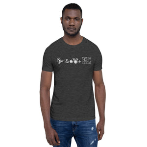 Unisex dark grey heather bird t-shirt celebrating bird watching and the backcountry with a graphic of binoculars, a bird, and a map. Worn by a man.