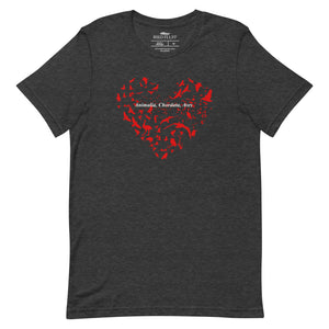 Dark heather grey unisex bird t-shirt with a bird silhouettes of many different types of birds in red and arranged so they make a heart shape, on top of that the words, "Animalia, Chordata, Aves".