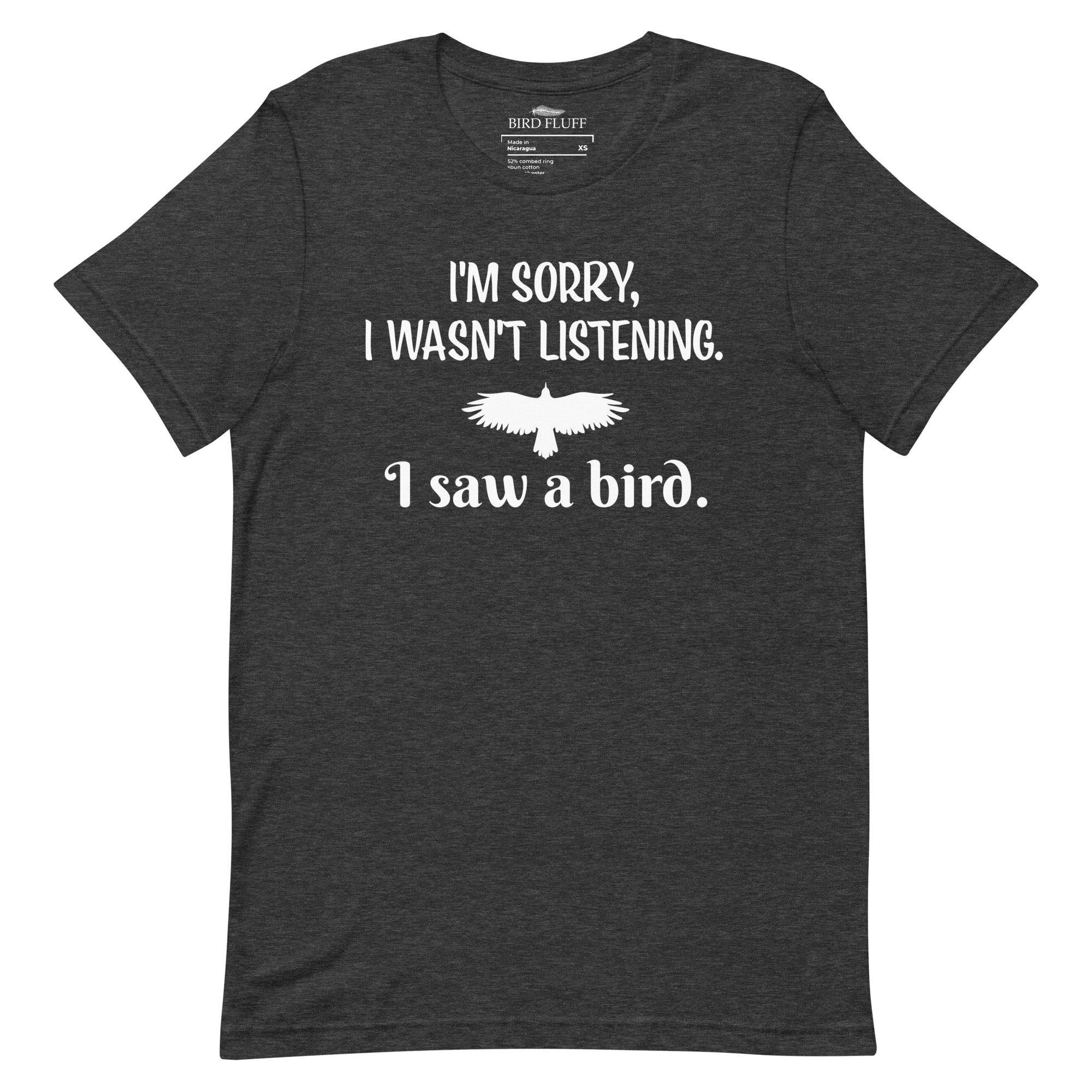 Dark heather grey unisex bird t-shirt with a bird silhouettes of many different types of birds in red and arranged so they make a heart shape, on top of that the words, "Animalia, Chordata, Aves".