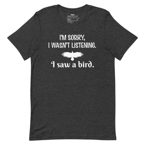 Dark heather grey unisex bird t-shirt with a bird silhouettes of many different types of birds in red and arranged so they make a heart shape, on top of that the words, "Animalia, Chordata, Aves".