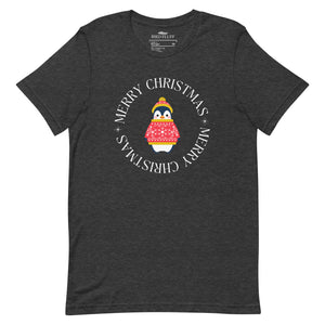 Dark heather grey unisex bird t-shirt with Merry Christmas on the front in a circle that surrounds a cute penguin in a hat and a sweater.