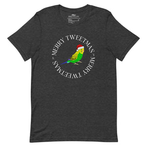 Dark heather grey unisex bird t-shirt with a budgie in a santa hat surrounded by the words Merry Tweetmas, separated by to seed sprigs.