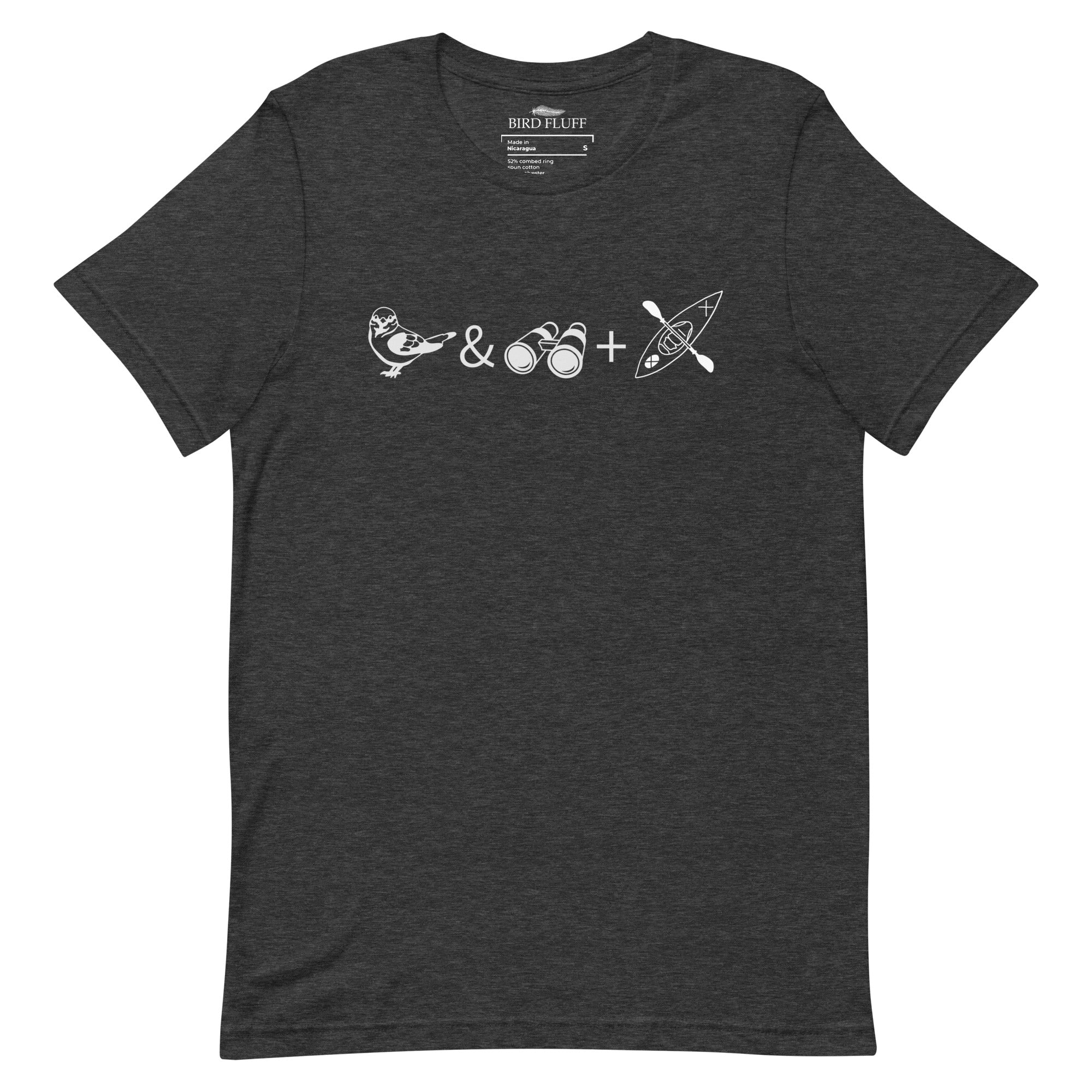 Unisex dark gray heather bird t-shirt celebrating bird watching and kayaking with a graphic of binoculars, a bird, and a kayak.