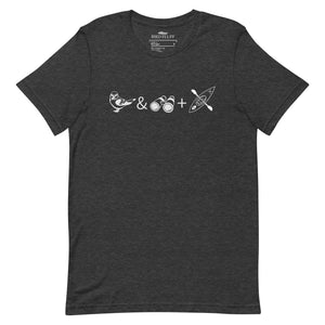 Unisex dark gray heather bird t-shirt celebrating bird watching and kayaking with a graphic of binoculars, a bird, and a kayak.