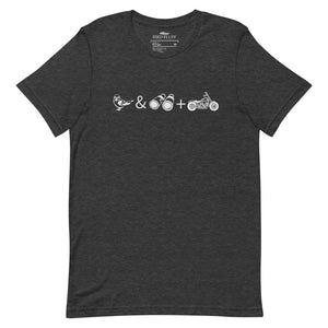 Unisex dark grey heather bird t-shirt celebrating bird watching and motorcycling with a graphic of binoculars, a bird, and a motorcycle. 