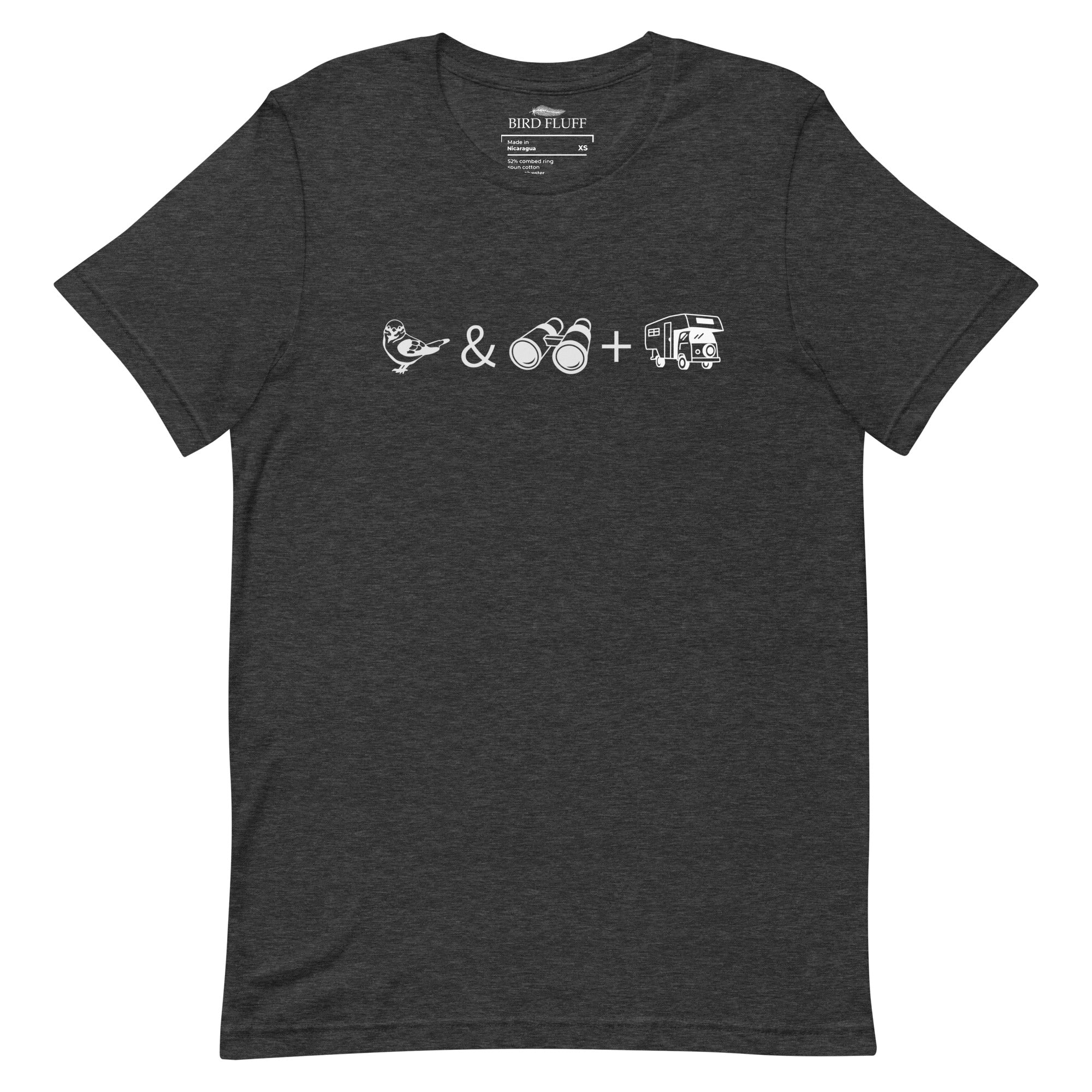 Unisex dark gray heather bird t-shirt celebrating bird watching and overlanding with a graphic of binoculars, a bird, and an overlanding vehicle.