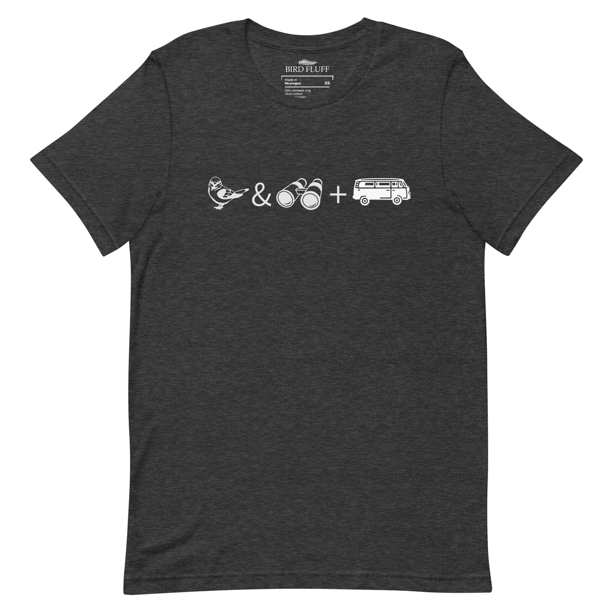 Dark grey heather unisex bird t-shirt with graphics of binoculars, birds and a van.