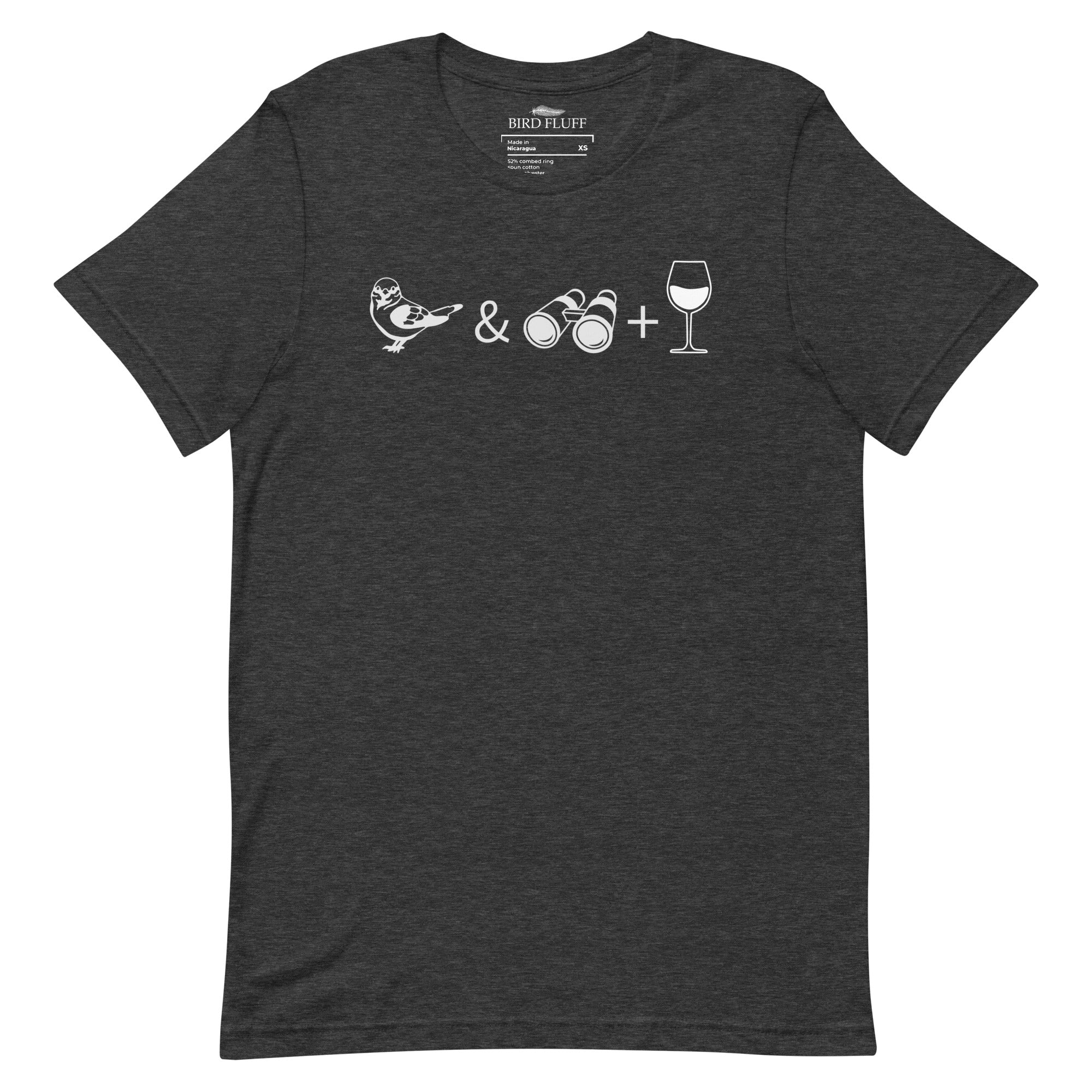 Unisex dark heather gray bird t-shirt celebrating bird watching and wine drinking with a graphic of binoculars, a bird, and a glass of wine.