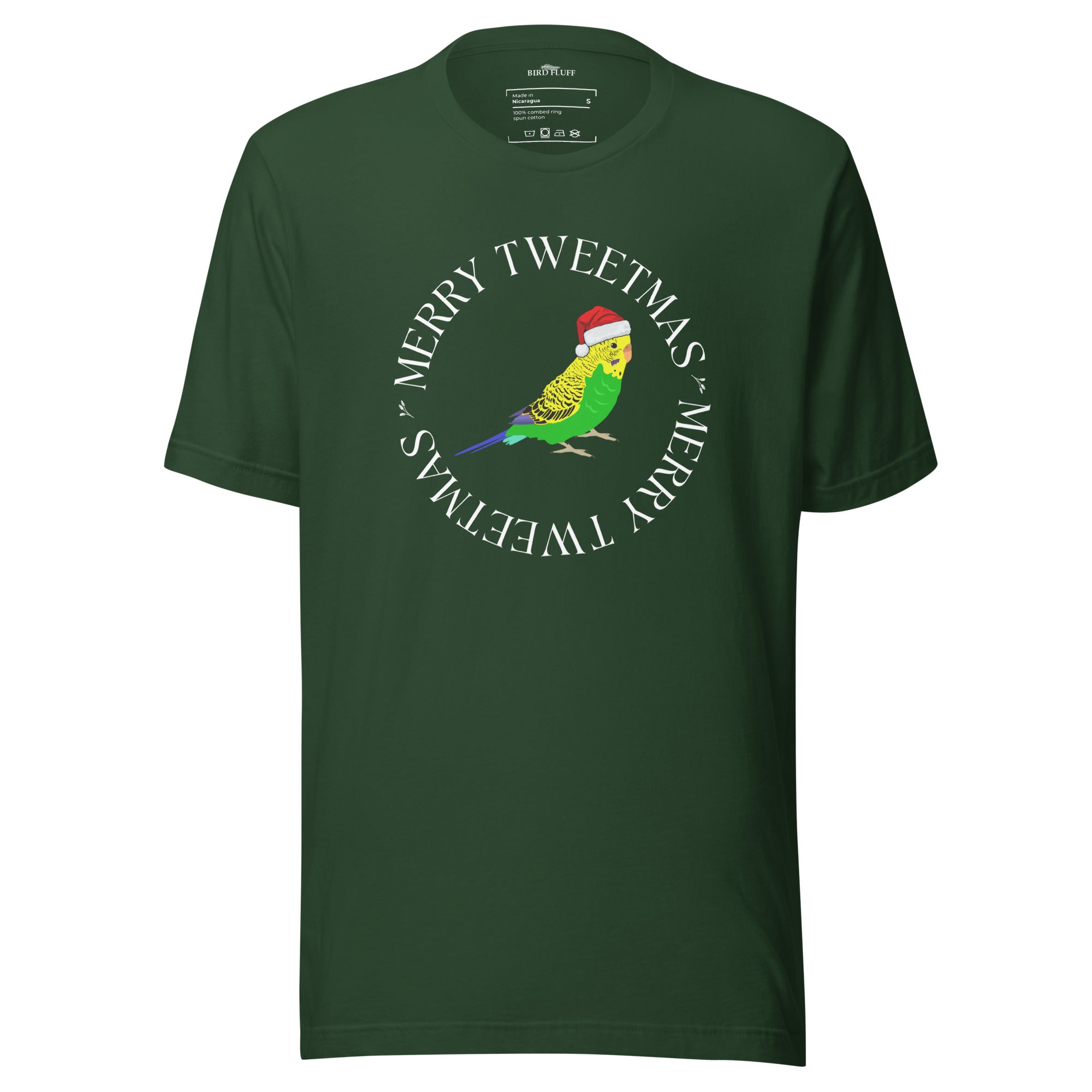 Forest green unisex bird t-shirt with a budgie in a santa hat surrounded by the words Merry Tweetmas, separated by to seed sprigs.