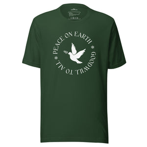 Forest green unisex bird t-shirt that says Peace on Earth Goodwill to All in a circle surrounding a dove of peace.