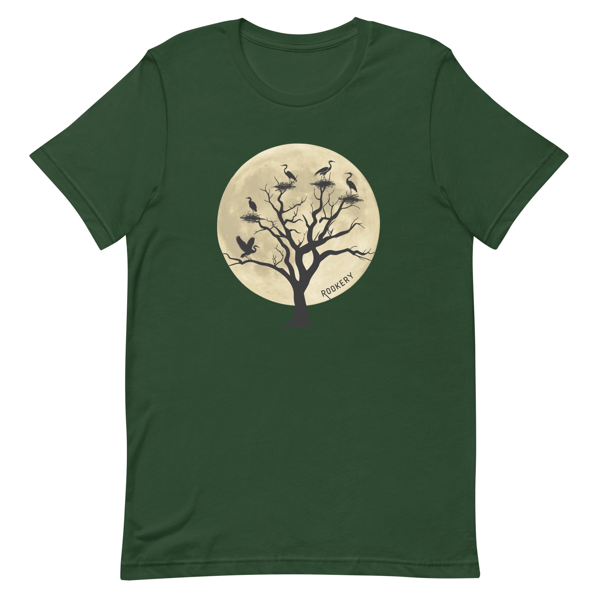 Green unisex bird shirt with a full moon outlining a heron rookery. 