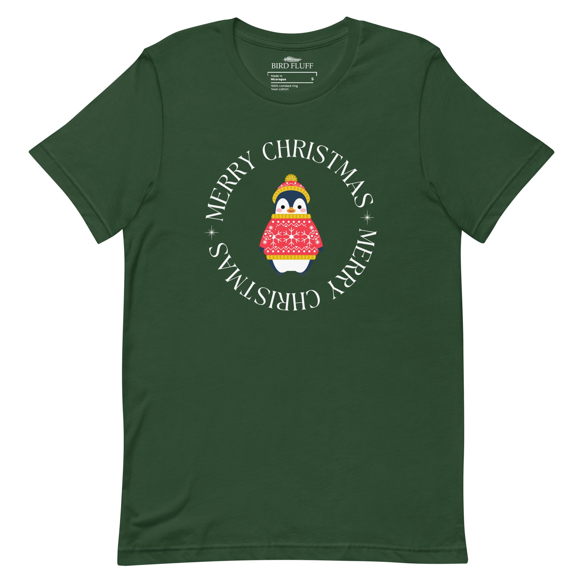 Forest green unisex bird t-shirt with Merry Christmas on the front in a circle that surrounds a cute penguin in a hat and a sweater.