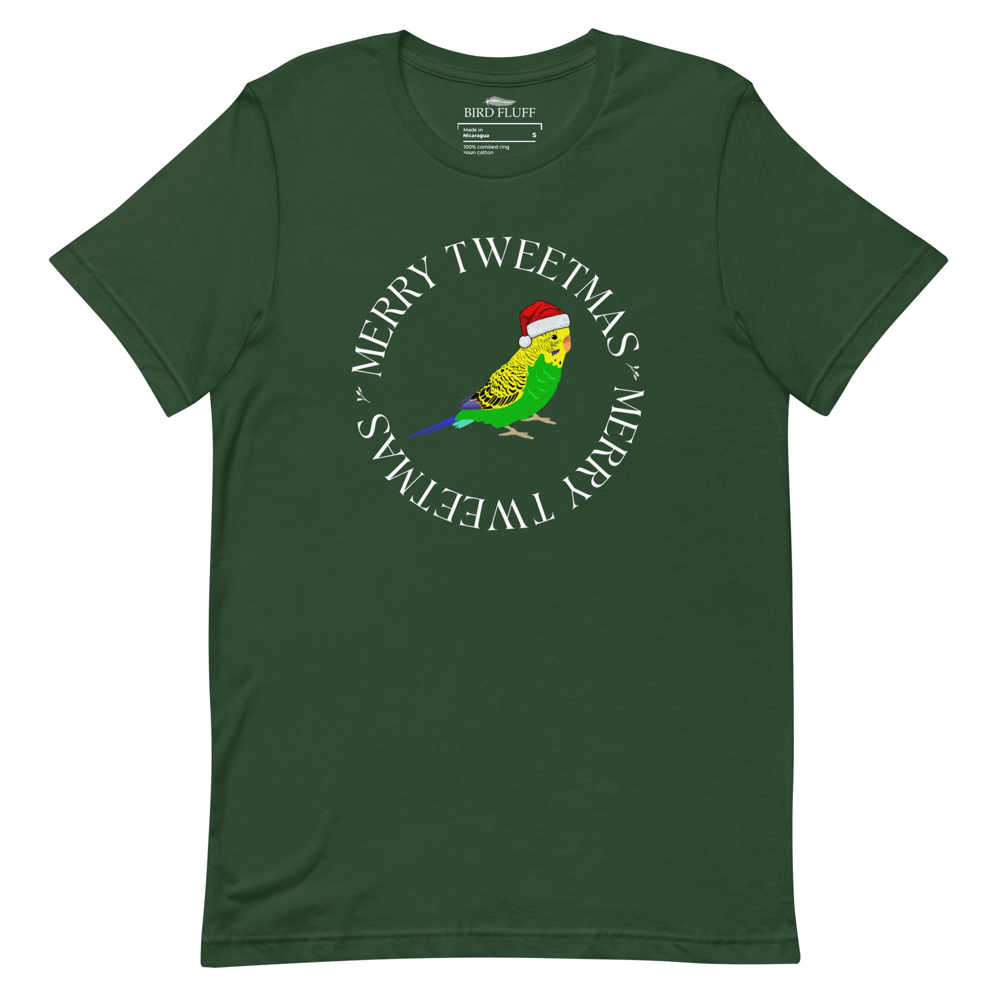 Forest green unisex bird t-shirt with a budgie in a santa hat surrounded by the words Merry Tweetmas, separated by to seed sprigs.