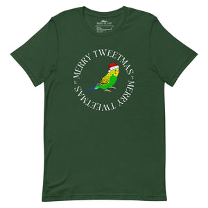 Forest green unisex bird t-shirt with a budgie in a santa hat surrounded by the words Merry Tweetmas, separated by to seed sprigs.