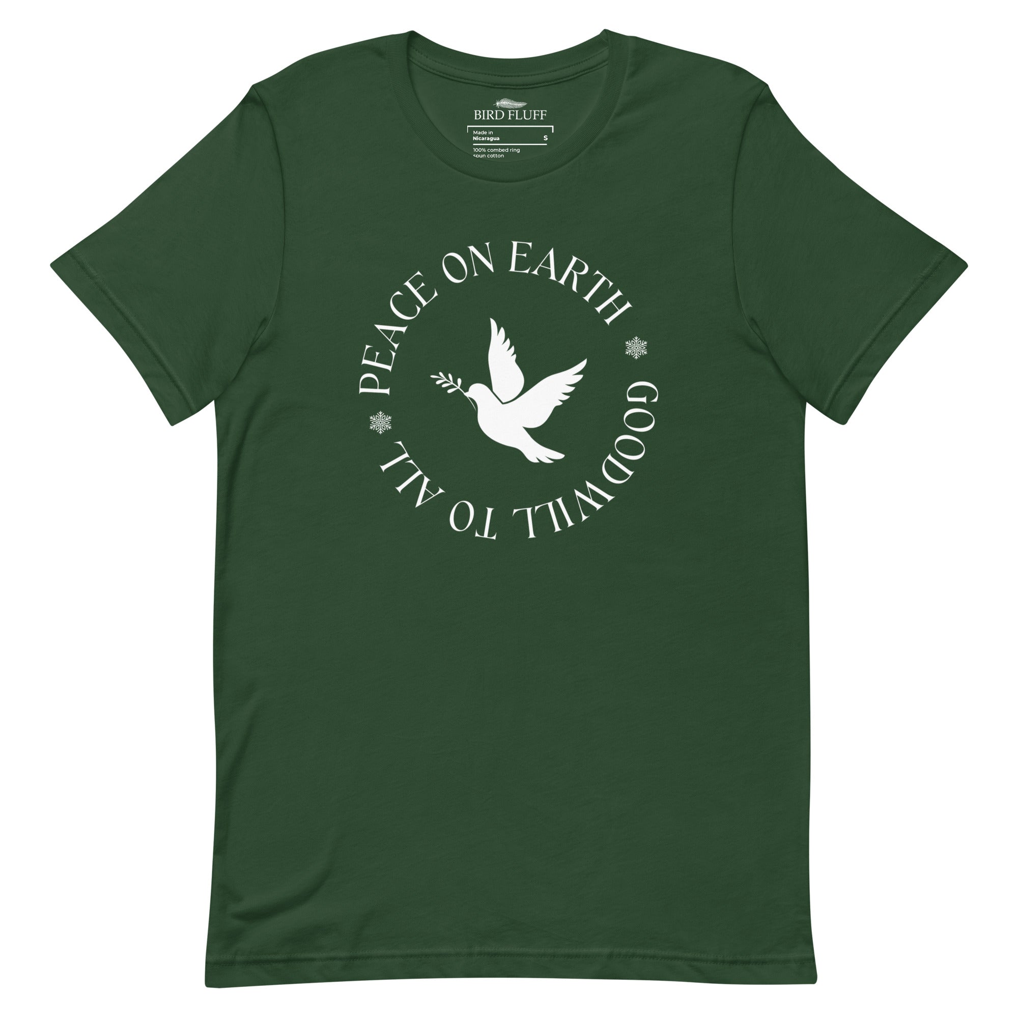 Forest green unisex bird t-shirt that says Peace on Earth Goodwill to All in a circle surrounding a dove of peace.