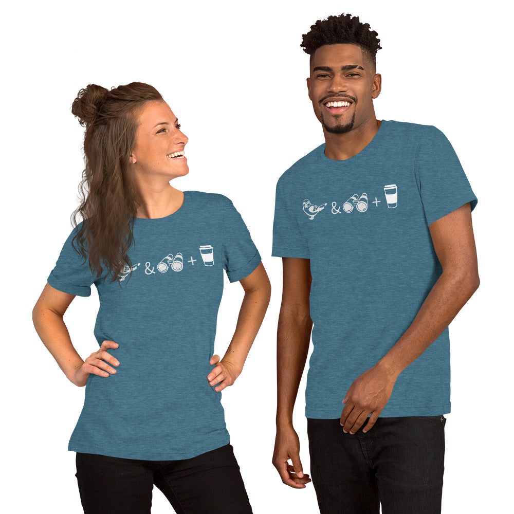 Unisex heather teal bird t-shirt celebrating bird watching and coffee with a graphic of binoculars, a bird, and a travel cup of coffee. Worn by a happy couple.