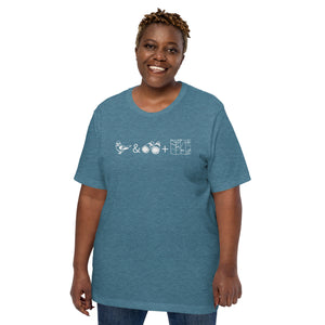 Unisex light blue bird t-shirt celebrating bird watching and the backcountry with a graphic of binoculars, a bird, and a map. Worn by a plus size female model.