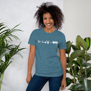 Medium blue unisex bird t-shirt with graphics of binoculars, birds and a van. Worn by a woman.