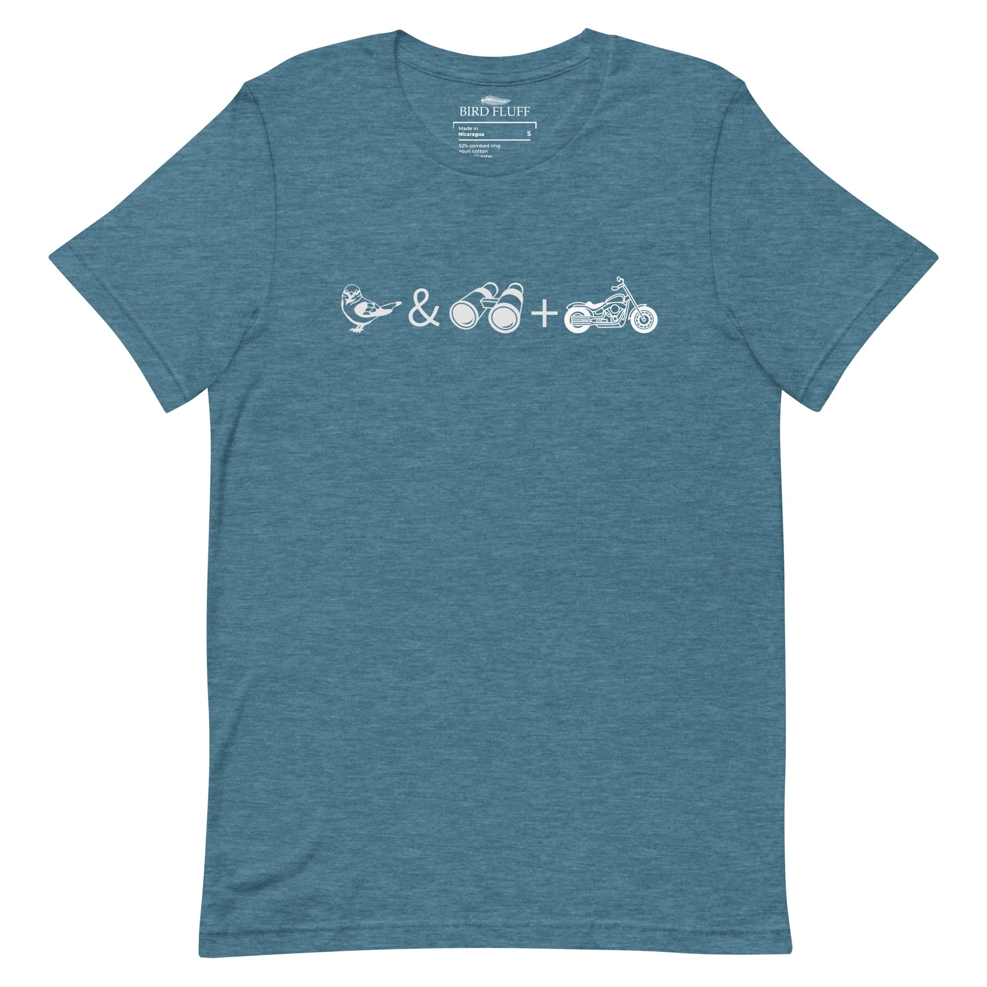 Unisex light blue bird t-shirt celebrating bird watching and motorcycling with a graphic of binoculars, a bird, and a motorcycle.