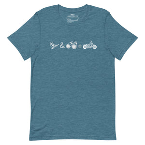 Unisex light blue bird t-shirt celebrating bird watching and motorcycling with a graphic of binoculars, a bird, and a motorcycle.