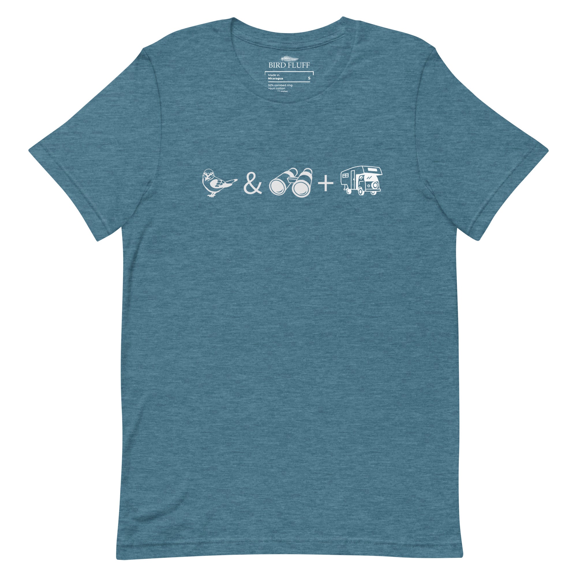 Unisex deep teal heather bird t-shirt celebrating bird watching and overlanding with a graphic of binoculars, a bird, and an overlanding vehicle.