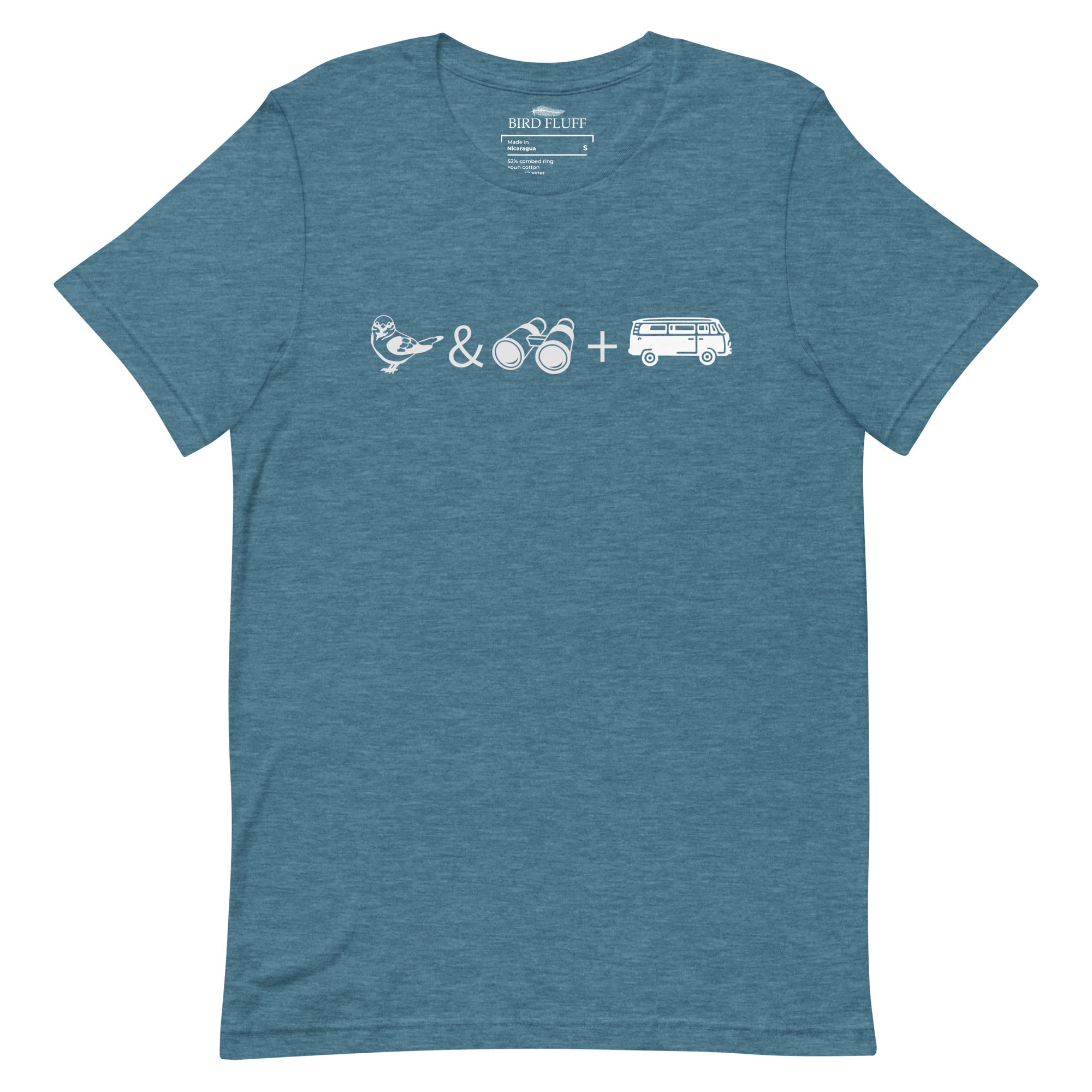 Heather deep teal unisex bird t-shirt with graphics of binoculars, birds and a van.