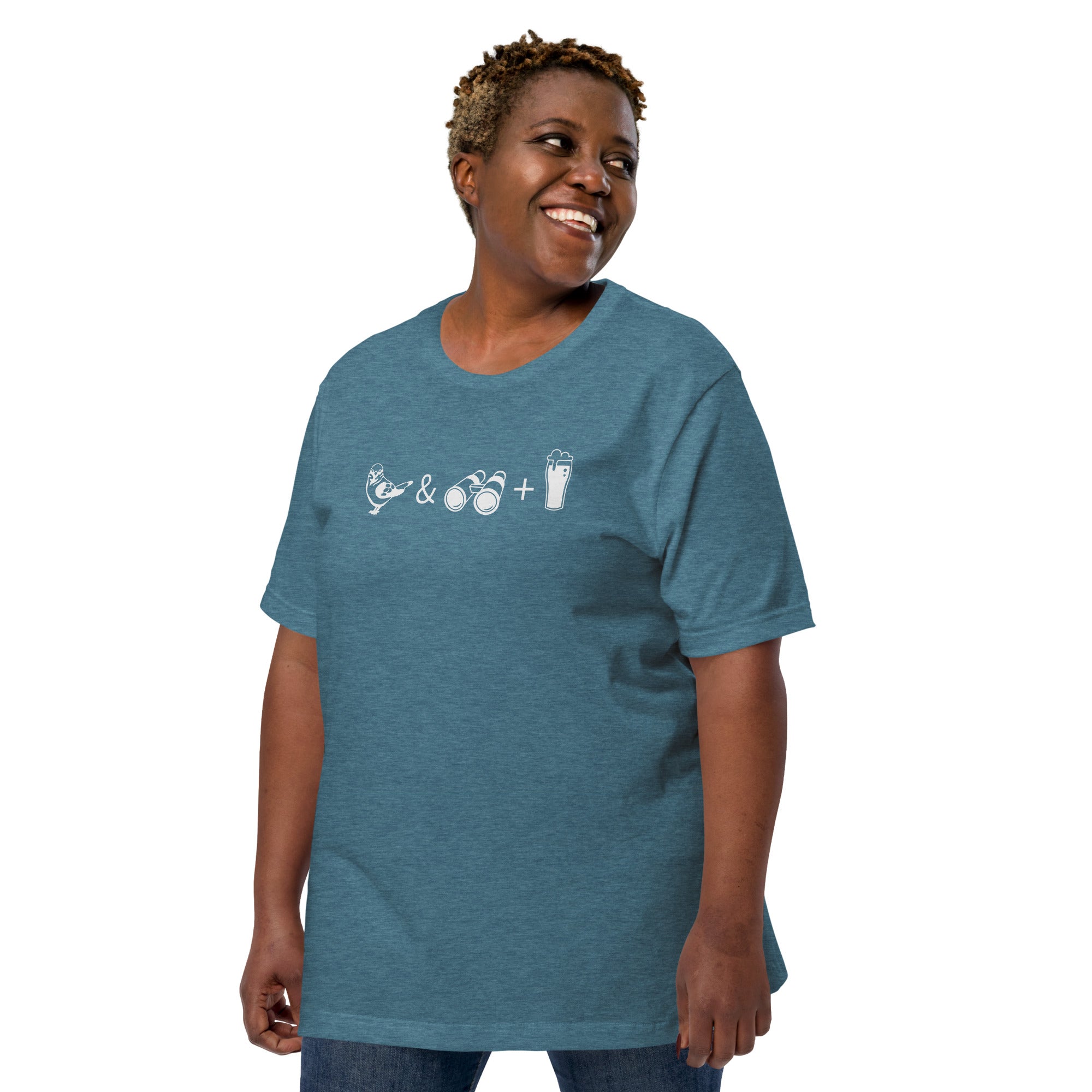 Unisex heather teal bird t-shirt celebrating bird watching and beer with a graphic of binoculars, a bird, and a glass of beer. Worn by a plus size female model.