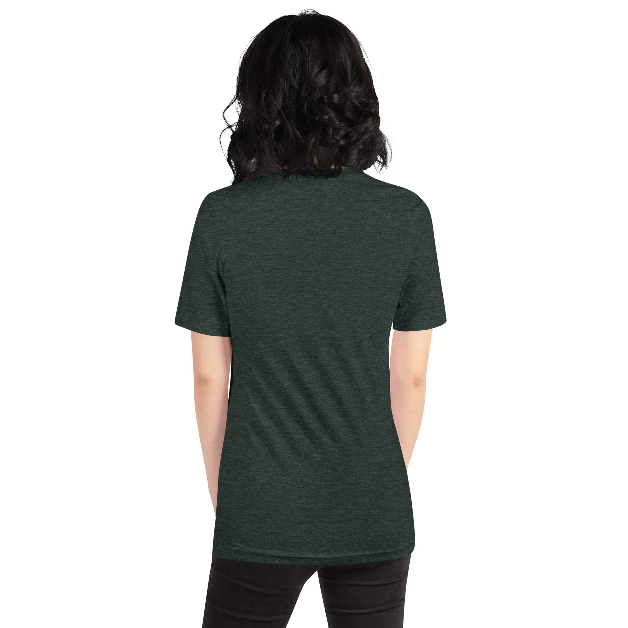 Unisex forest green bird t-shirt celebrating bird watching and motorcycling with a graphic of binoculars, a bird, and a motorcycle. Rear view, graphics not shown.