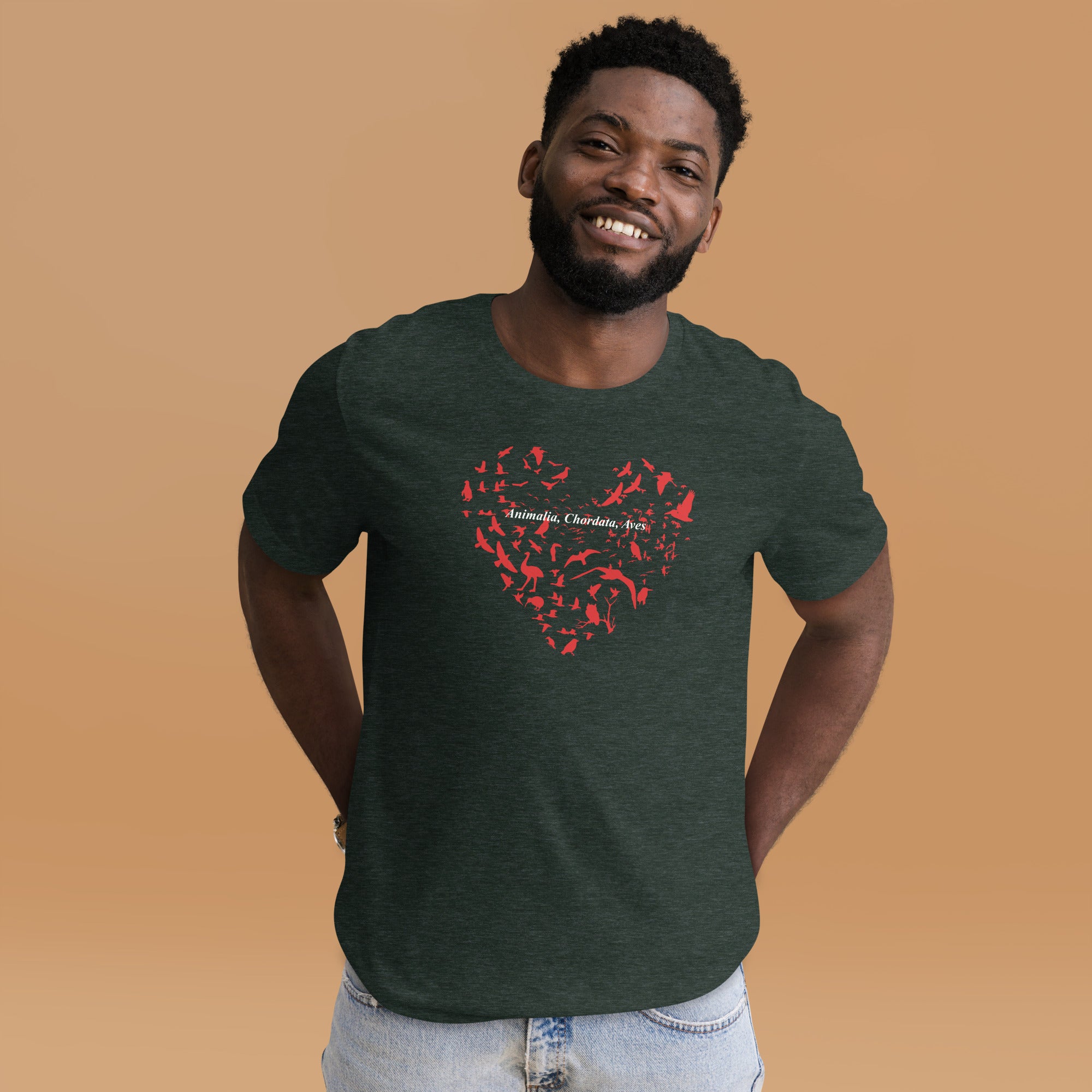 Heather forest green unisex bird t-shirt with a bird silhouettes of many different types of birds in red and arranged so they make a heart shape, on top of that the words, "Animalia, Chordata, Aves".